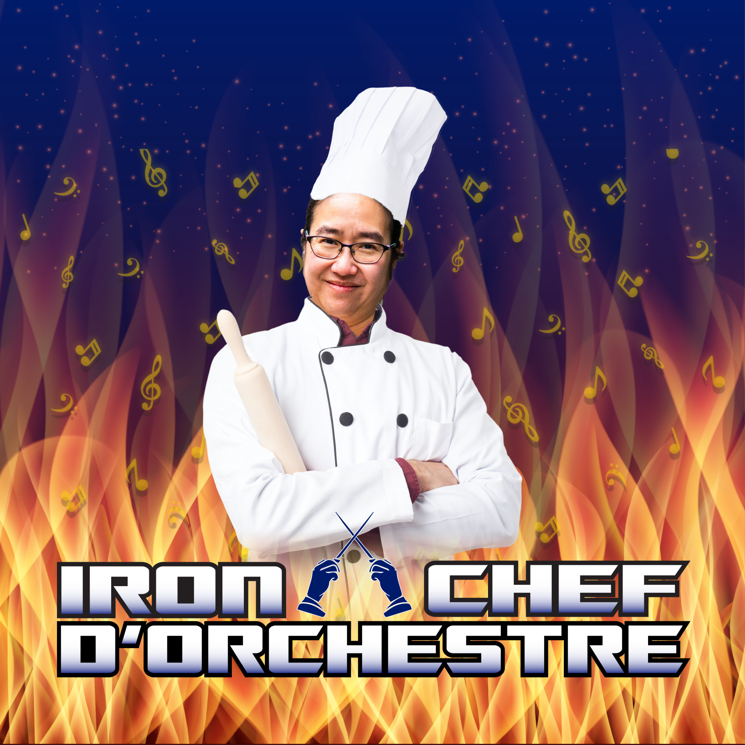 Iron Chef d'Orchestre poster. A chef stands with arms crossed, holding a rolling pin. There are flames in the background.